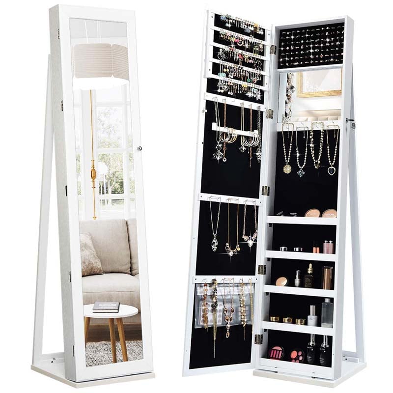 Standing Jewelry Armoire with Full Length Mirror, 2-in-1 Lockable Jewelry Cabinet Organizer Inside Makeup Mirror, Large Storage Capacity