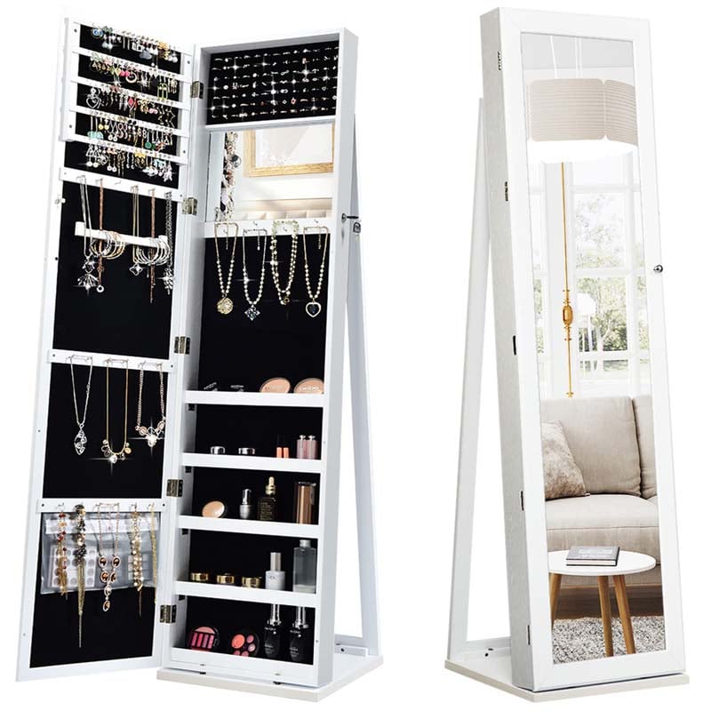 Standing Jewelry Armoire with Full Length Mirror, 2-in-1 Lockable Jewelry Cabinet Organizer Inside Makeup Mirror, Large Storage Capacity