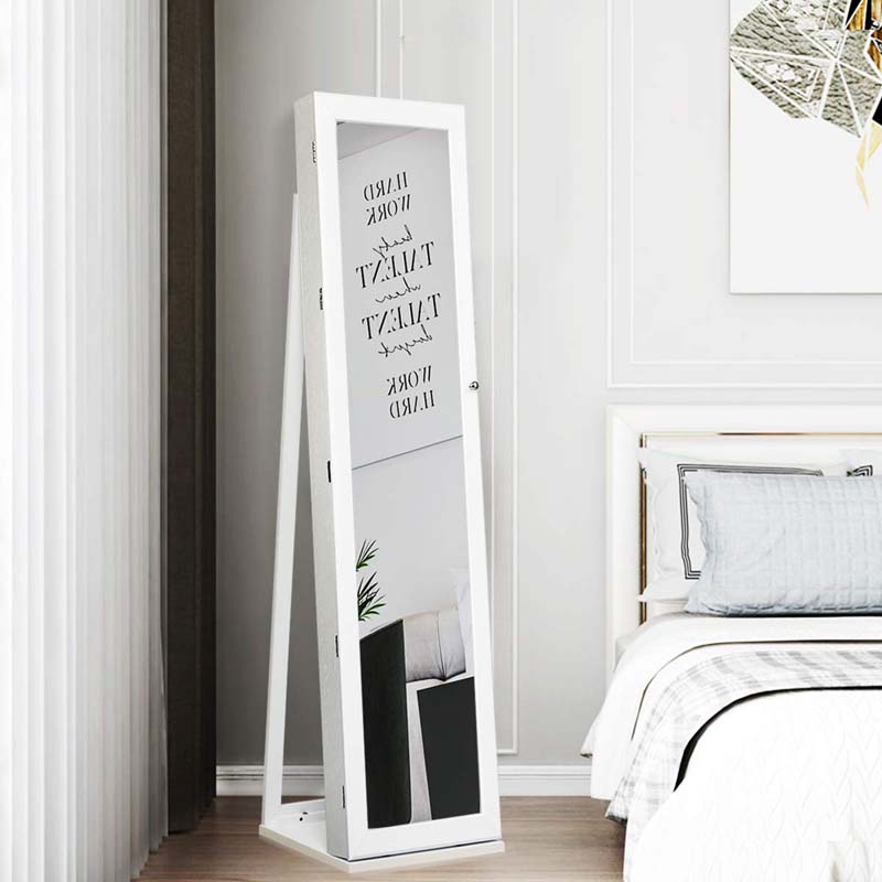 Standing Jewelry Armoire with Full Length Mirror, 2-in-1 Lockable Jewelry Cabinet Organizer Inside Makeup Mirror, Large Storage Capacity