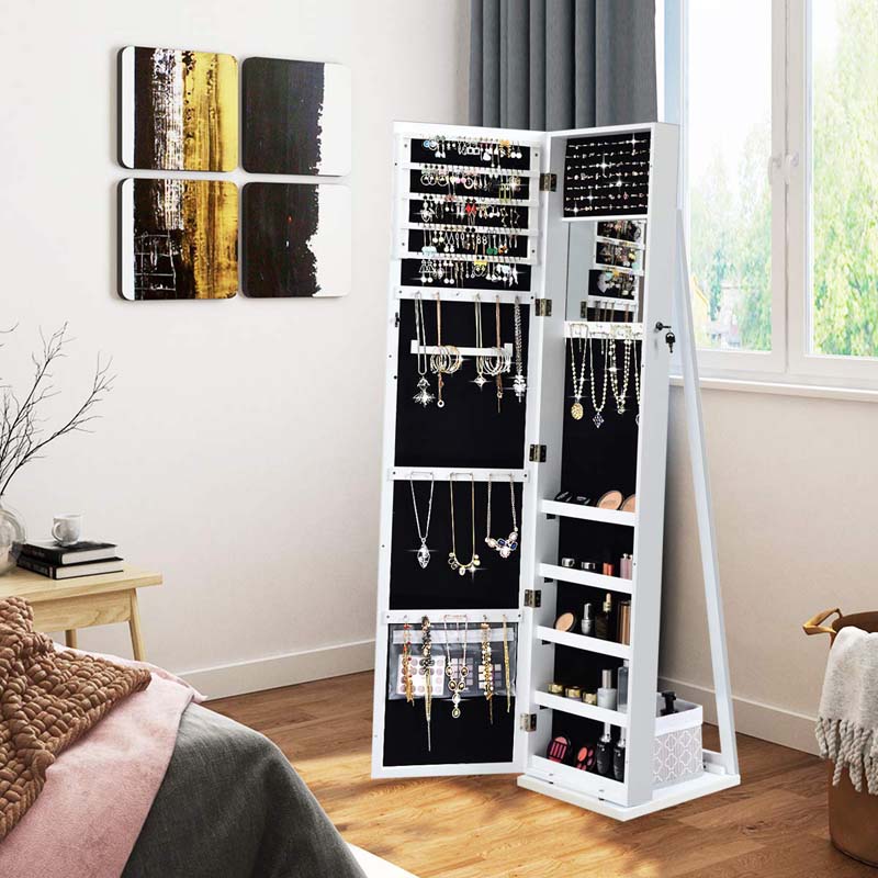 Standing Jewelry Armoire with Full Length Mirror, 2-in-1 Lockable Jewelry Cabinet Organizer Inside Makeup Mirror, Large Storage Capacity