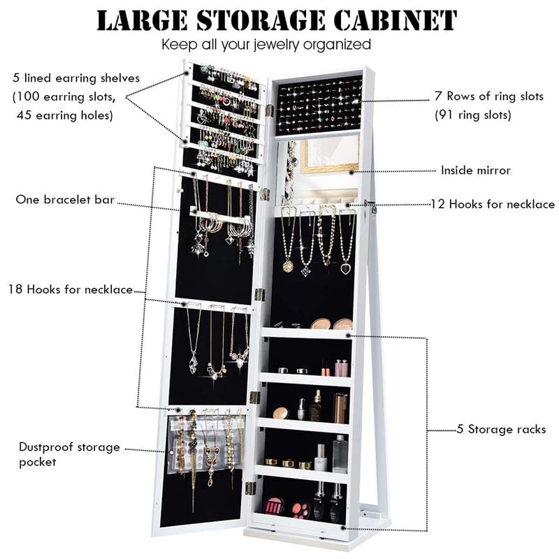 Standing Jewelry Armoire with Full Length Mirror, 2-in-1 Lockable Jewelry Cabinet Organizer Inside Makeup Mirror, Large Storage Capacity