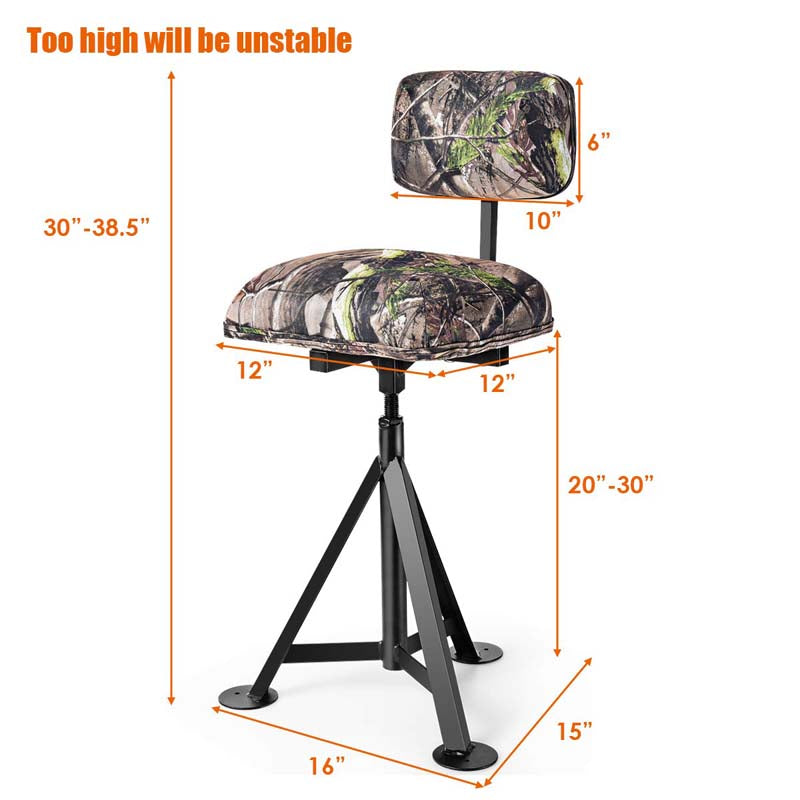 360° Camo Swivel Hunting Chair for Outdoor Activities, Height Adjustable Tripod Blind Stool Chair with Detachable Backrest, Padded seat