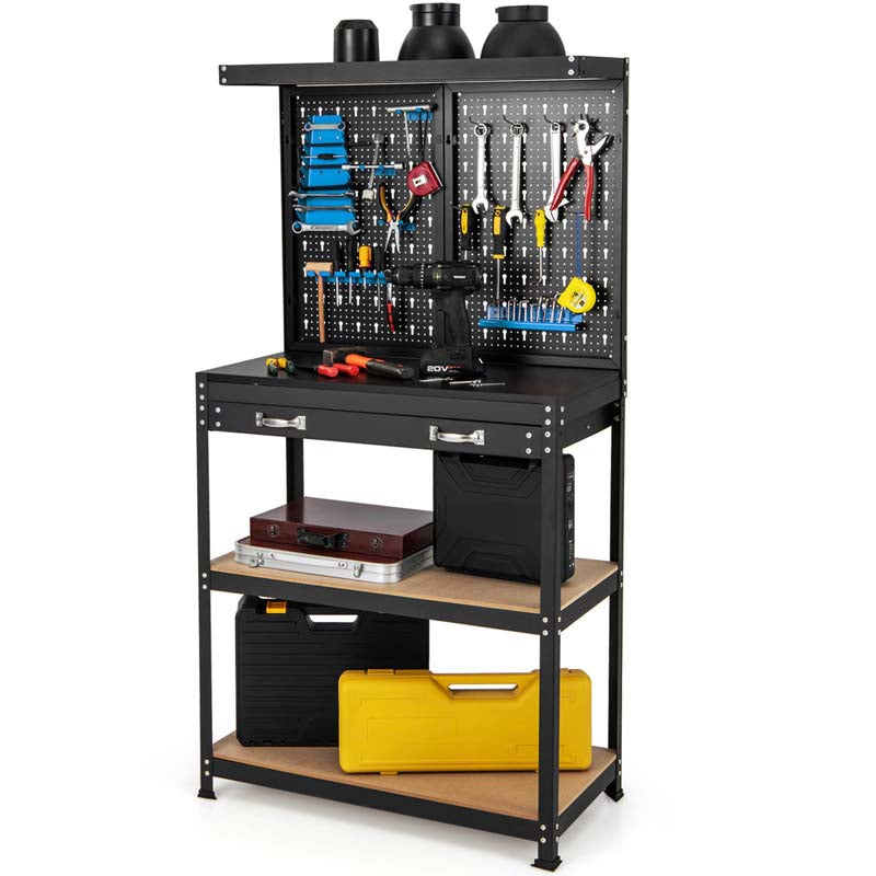 32" x 16" Tool Storage Workbench with Pegboard, Drawer & 14 Hanging Kits, 220 LBS Heavy-Duty Work Table for Garage, Workshop