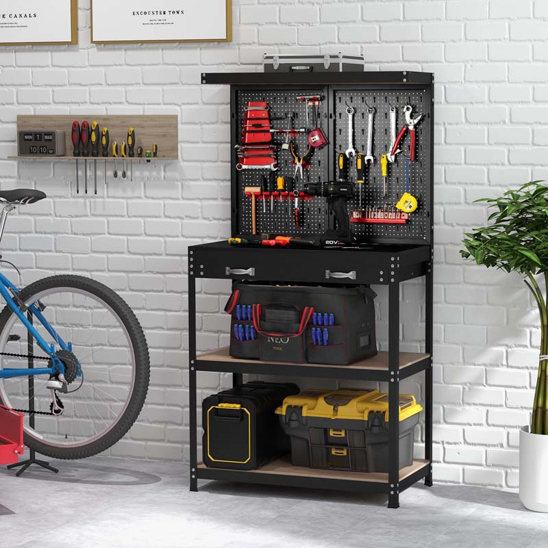 32" x 16" Tool Storage Workbench with Pegboard, Drawer & 14 Hanging Kits, 220 LBS Heavy-Duty Work Table for Garage, Workshop