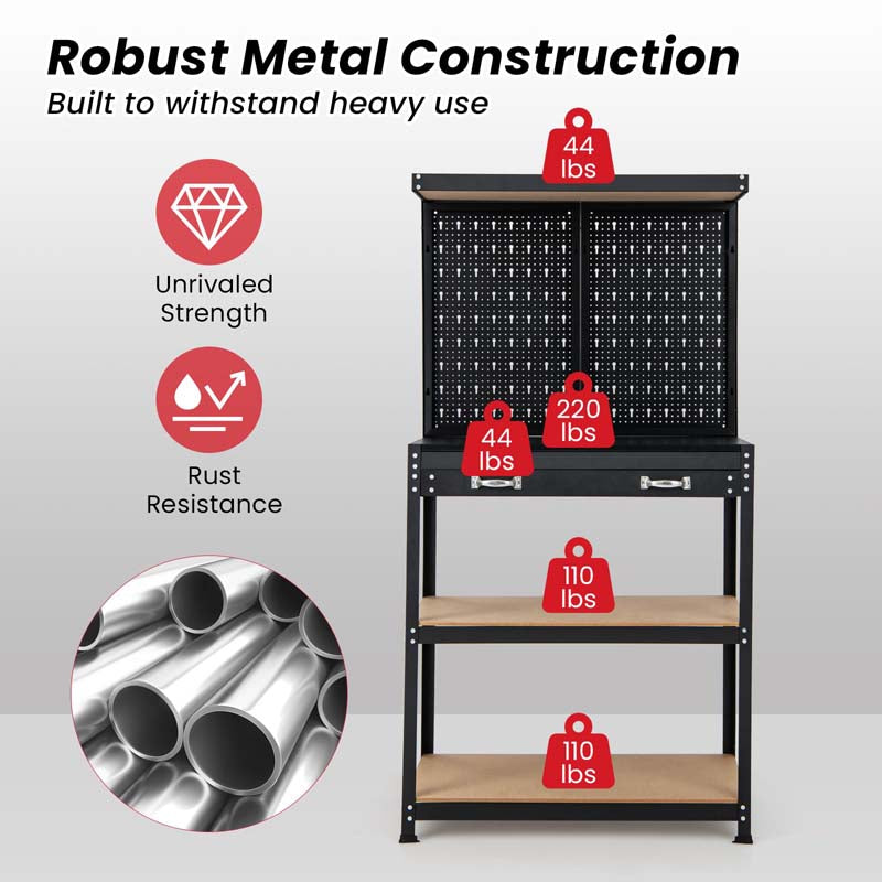 32" x 16" Tool Storage Workbench with Pegboard, Drawer & 14 Hanging Kits, 220 LBS Heavy-Duty Work Table for Garage, Workshop