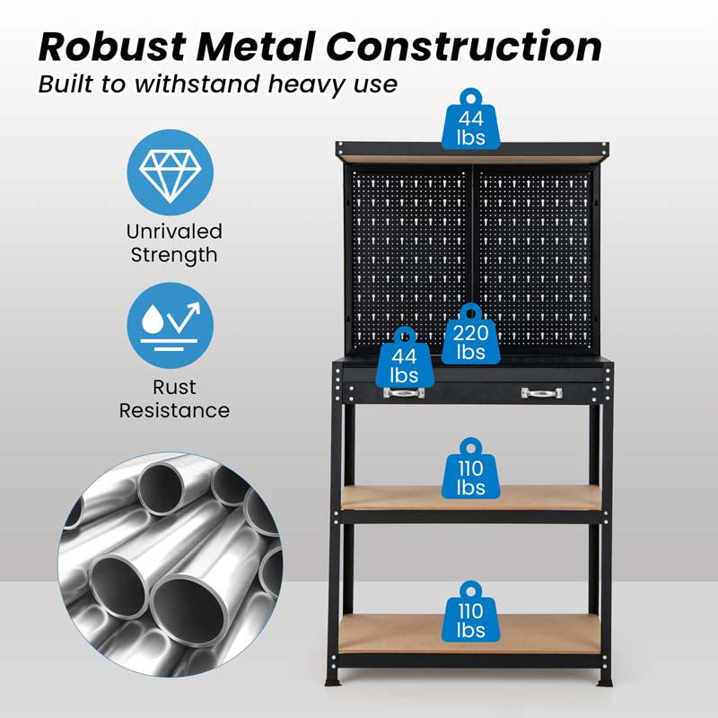 32" x 16" Tool Storage Workbench with Pegboard, Drawer & 14 Hanging Kits, 220 LBS Heavy-Duty Work Table for Garage, Workshop