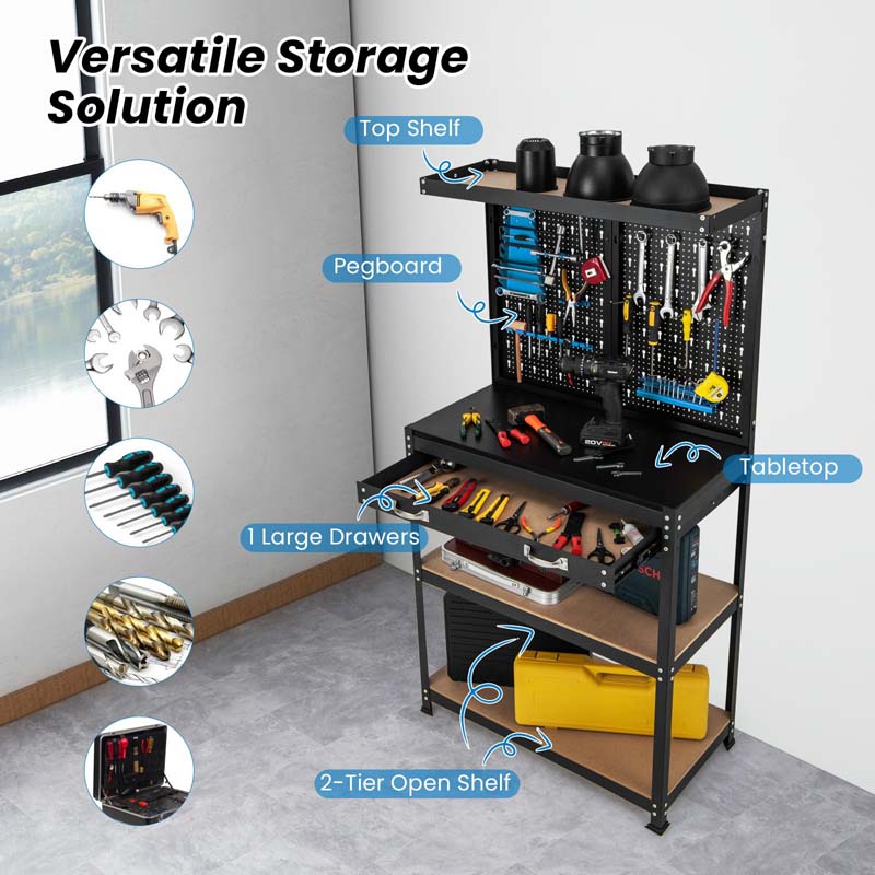 32" x 16" Tool Storage Workbench with Pegboard, Drawer & 14 Hanging Kits, 220 LBS Heavy-Duty Work Table for Garage, Workshop