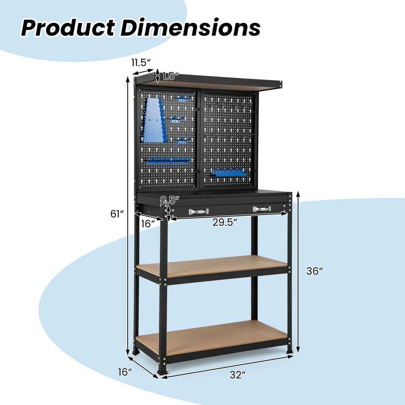 32" x 16" Tool Storage Workbench with Pegboard, Drawer & 14 Hanging Kits, 220 LBS Heavy-Duty Work Table for Garage, Workshop