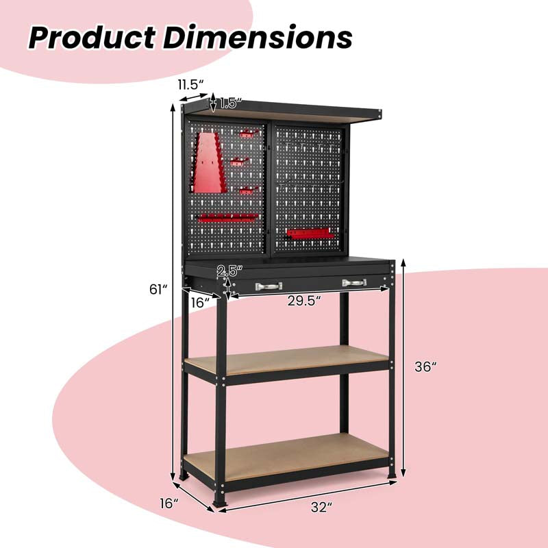 32" x 16" Tool Storage Workbench with Pegboard, Drawer & 14 Hanging Kits, 220 LBS Heavy-Duty Work Table for Garage, Workshop