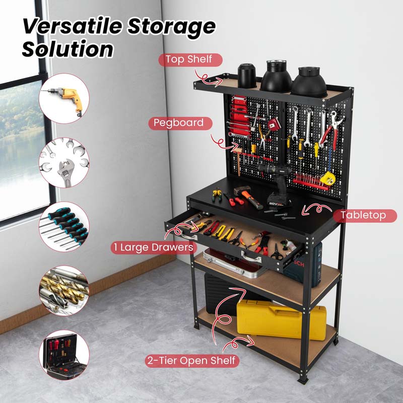 32" x 16" Tool Storage Workbench with Pegboard, Drawer & 14 Hanging Kits, 220 LBS Heavy-Duty Work Table for Garage, Workshop