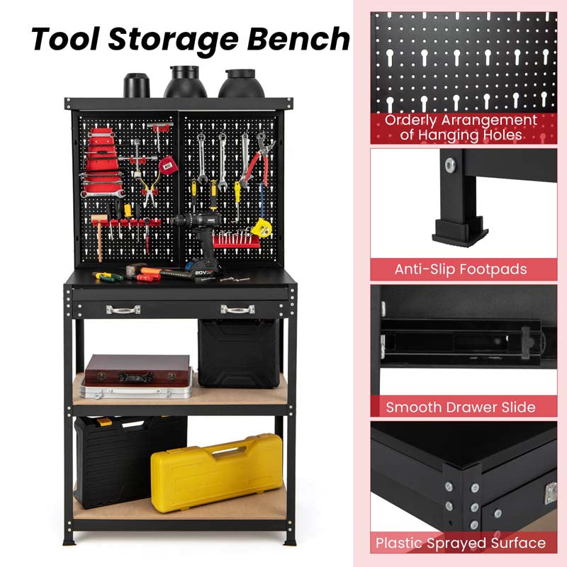 32" x 16" Tool Storage Workbench with Pegboard, Drawer & 14 Hanging Kits, 220 LBS Heavy-Duty Work Table for Garage, Workshop