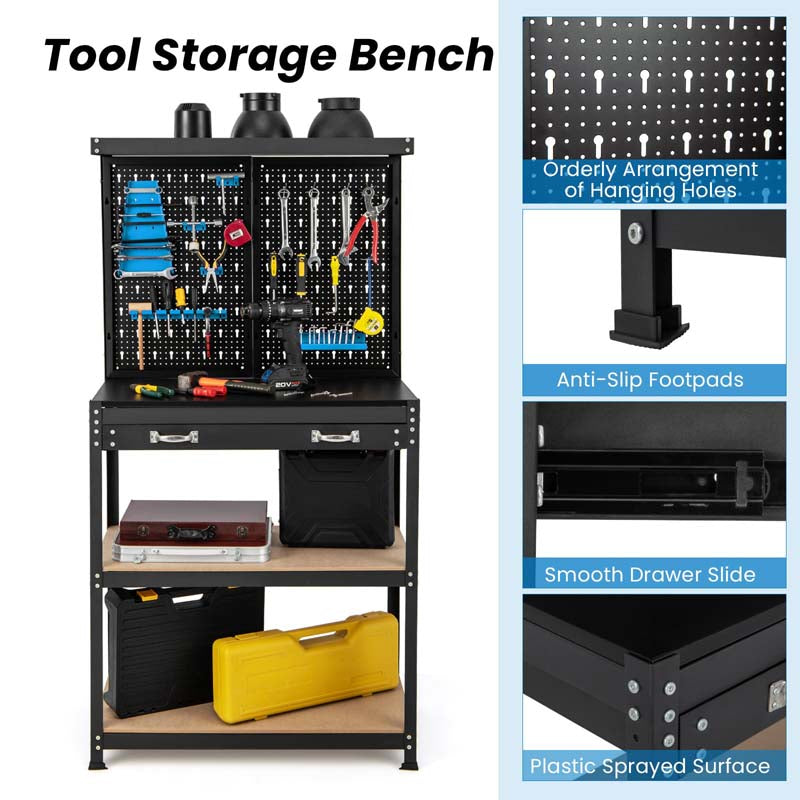 32" x 16" Tool Storage Workbench with Pegboard, Drawer & 14 Hanging Kits, 220 LBS Heavy-Duty Work Table for Garage, Workshop