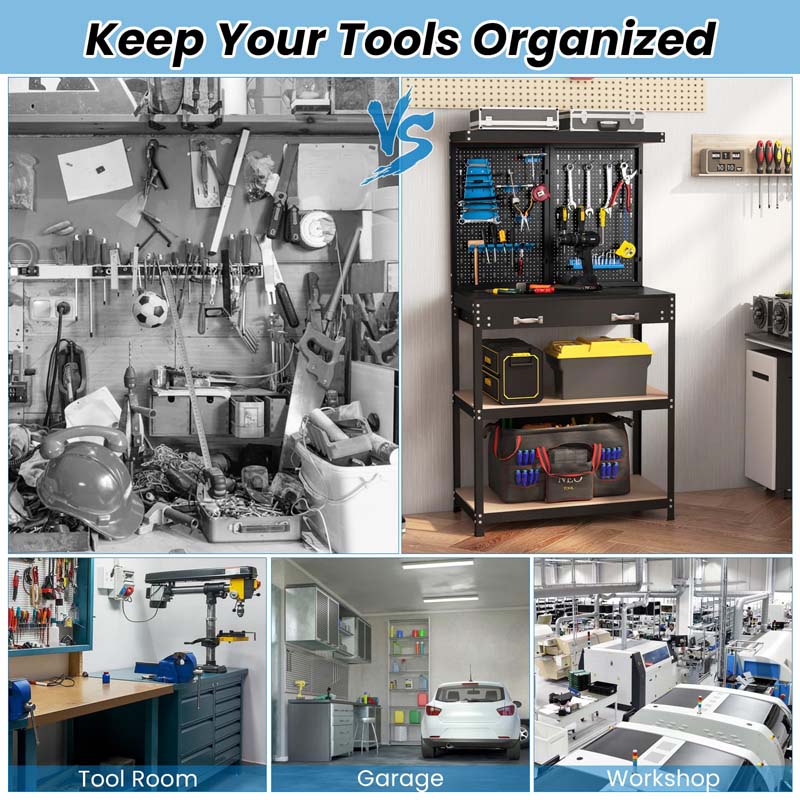 32" x 16" Tool Storage Workbench with Pegboard, Drawer & 14 Hanging Kits, 220 LBS Heavy-Duty Work Table for Garage, Workshop