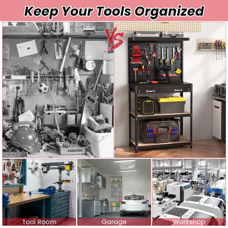 32" x 16" Tool Storage Workbench with Pegboard, Drawer & 14 Hanging Kits, 220 LBS Heavy-Duty Work Table for Garage, Workshop
