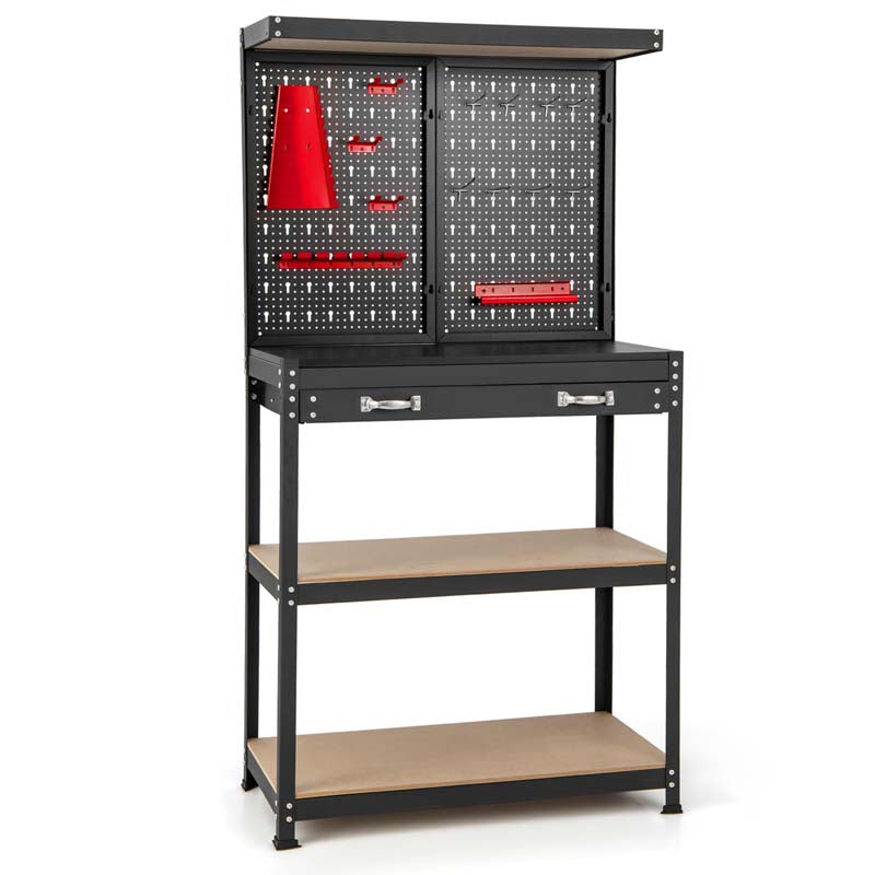 32" x 16" Tool Storage Workbench with Pegboard, Drawer & 14 Hanging Kits, 220 LBS Heavy-Duty Work Table for Garage, Workshop