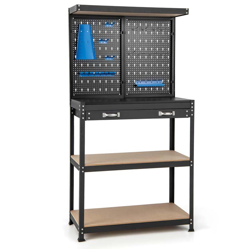 32" x 16" Tool Storage Workbench with Pegboard, Drawer & 14 Hanging Kits, 220 LBS Heavy-Duty Work Table for Garage, Workshop