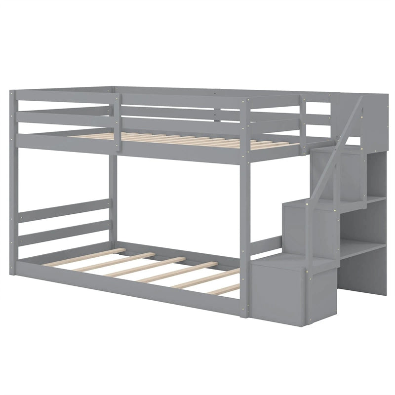 Twin Over Twin Bunk Bed with Storage Stairs, Solid Wood Floor Bunk Bed with Full-Length Guardrails, Low Bunk Bed with for Kids Teens Adults