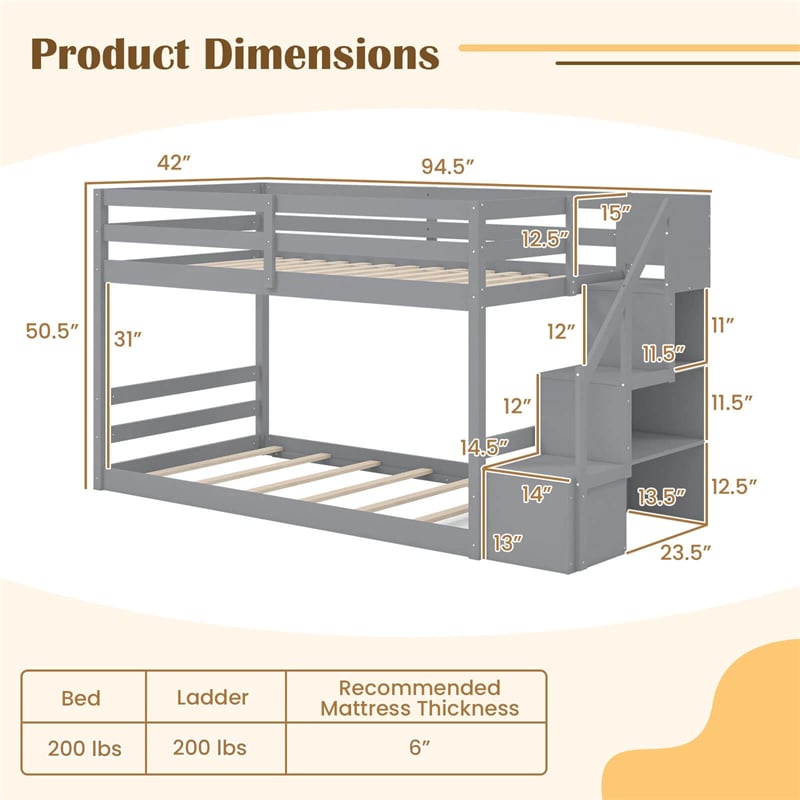Twin Over Twin Bunk Bed with Storage Stairs, Solid Wood Floor Bunk Bed with Full-Length Guardrails, Low Bunk Bed with for Kids Teens Adults
