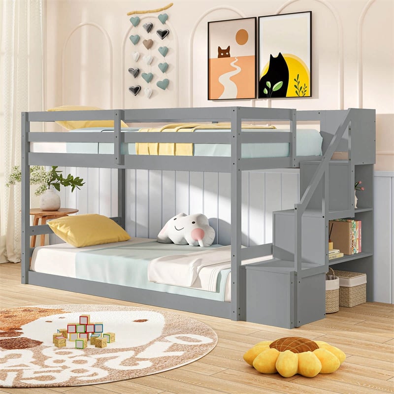 Twin Over Twin Bunk Bed with Storage Stairs, Solid Wood Floor Bunk Bed with Full-Length Guardrails, Low Bunk Bed with for Kids Teens Adults