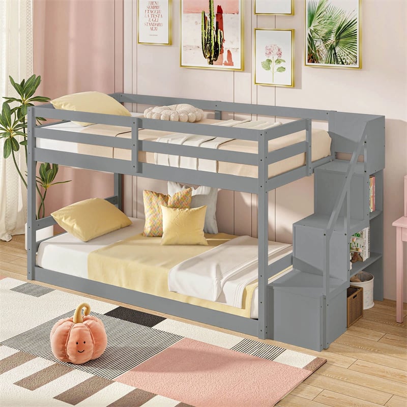Twin Over Twin Bunk Bed with Storage Stairs, Solid Wood Floor Bunk Bed with Full-Length Guardrails, Low Bunk Bed with for Kids Teens Adults