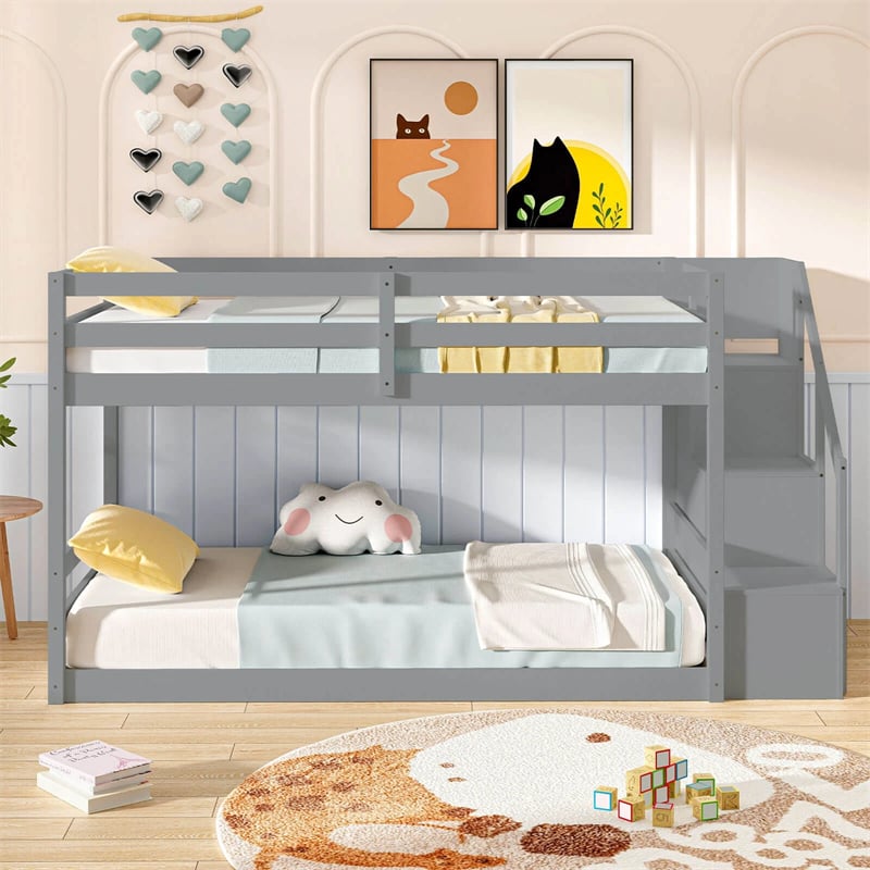 Twin Over Twin Bunk Bed with Storage Stairs, Solid Wood Floor Bunk Bed with Full-Length Guardrails, Low Bunk Bed with for Kids Teens Adults