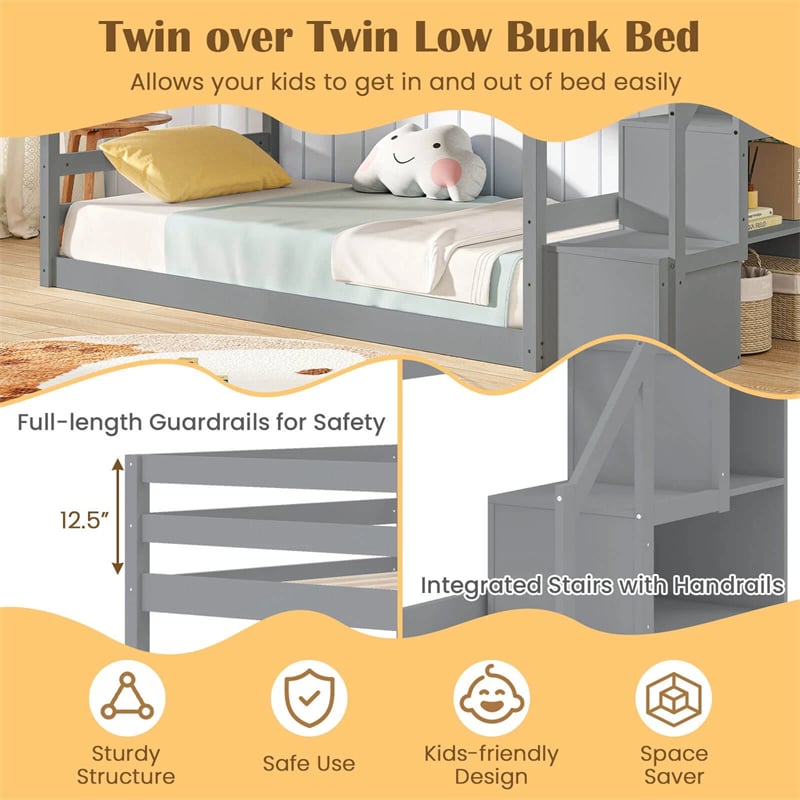 Twin Over Twin Bunk Bed with Storage Stairs, Solid Wood Floor Bunk Bed with Full-Length Guardrails, Low Bunk Bed with for Kids Teens Adults