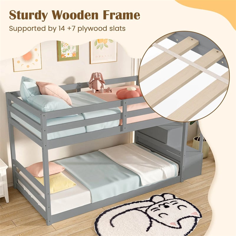 Twin Over Twin Bunk Bed with Storage Stairs, Solid Wood Floor Bunk Bed with Full-Length Guardrails, Low Bunk Bed with for Kids Teens Adults