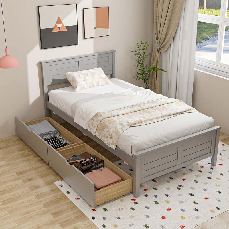 Twin/Full Size Solid Wood Platform Bed Frame with 2 Storage Drawers & Headboard, Wooden Slats Support Mattress Foundation