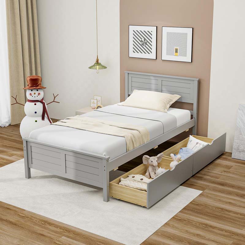 Twin/Full Size Solid Wood Platform Bed Frame with 2 Storage Drawers & Headboard, Wooden Slats Support Mattress Foundation