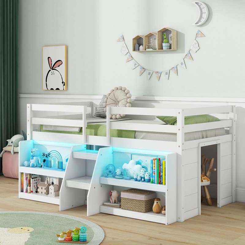 Low Loft Bed with LED Lights & Storage Bookcase, Kids Twin Size Loft Bed with Stairs, Safety Guardrail & Under-Bed Play Space