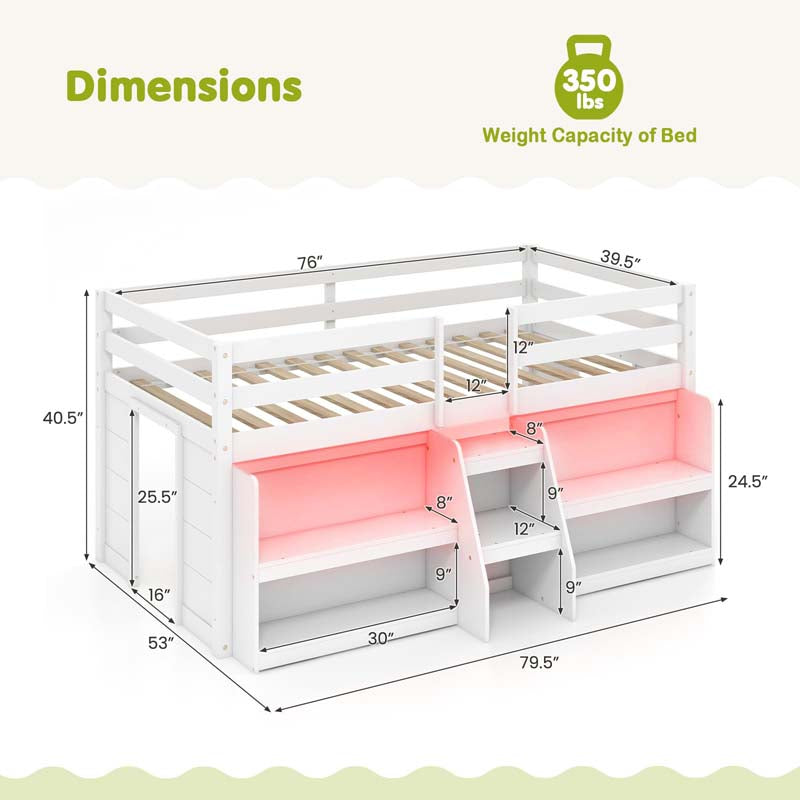 Low Loft Bed with LED Lights & Storage Bookcase, Kids Twin Size Loft Bed with Stairs, Safety Guardrail & Under-Bed Play Space