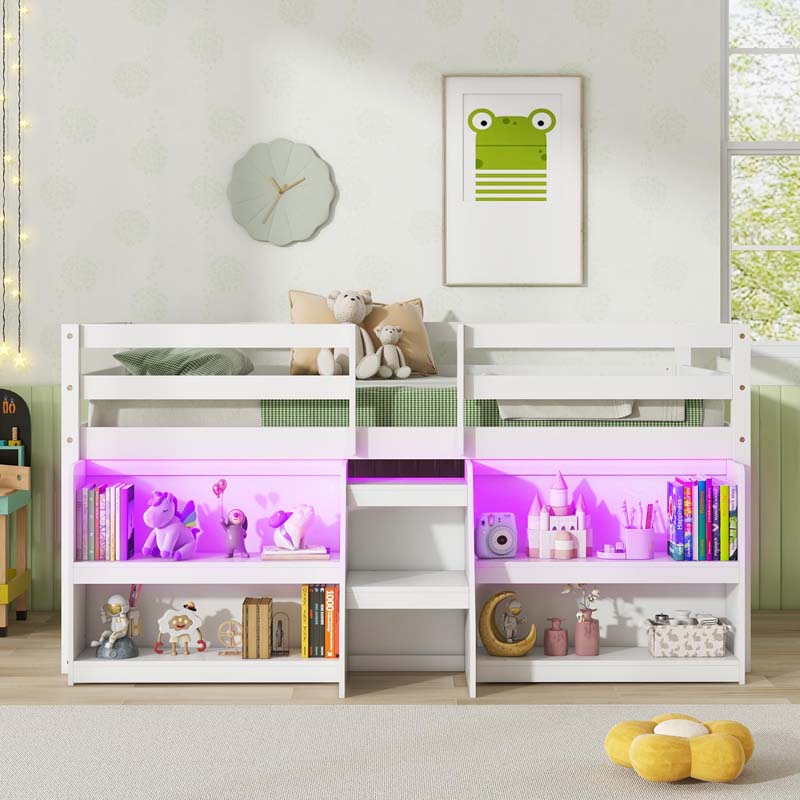 Low Loft Bed with LED Lights & Storage Bookcase, Kids Twin Size Loft Bed with Stairs, Safety Guardrail & Under-Bed Play Space