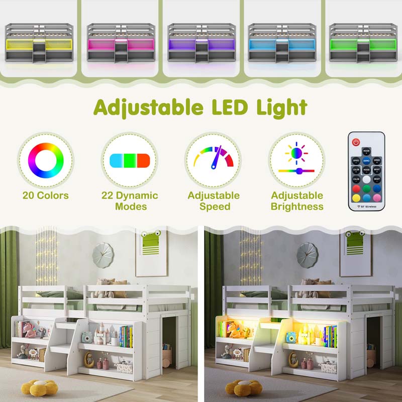 Low Loft Bed with LED Lights & Storage Bookcase, Kids Twin Size Loft Bed with Stairs, Safety Guardrail & Under-Bed Play Space
