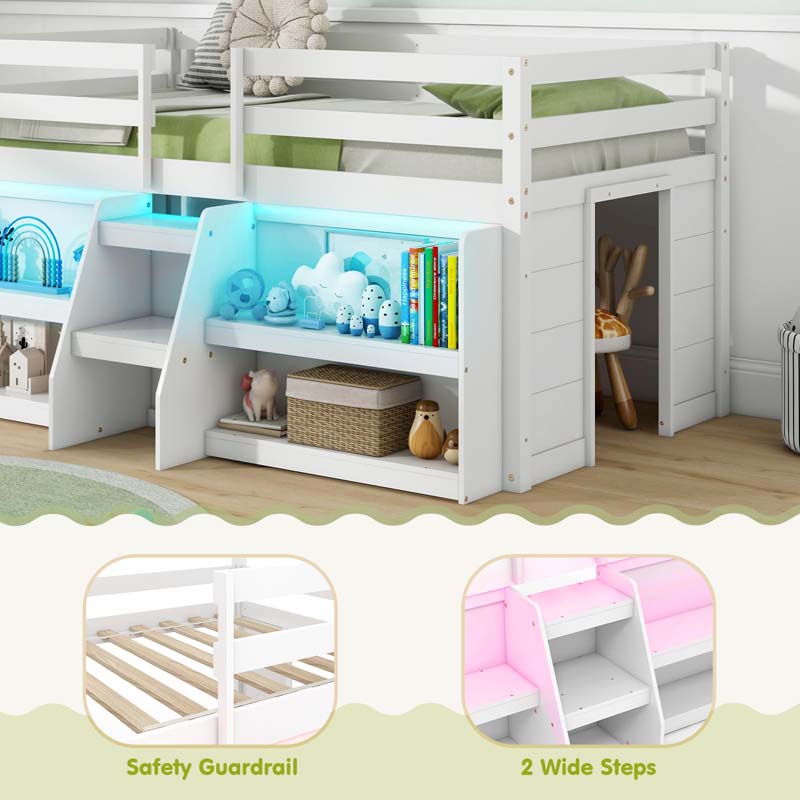 Low Loft Bed with LED Lights & Storage Bookcase, Kids Twin Size Loft Bed with Stairs, Safety Guardrail & Under-Bed Play Space