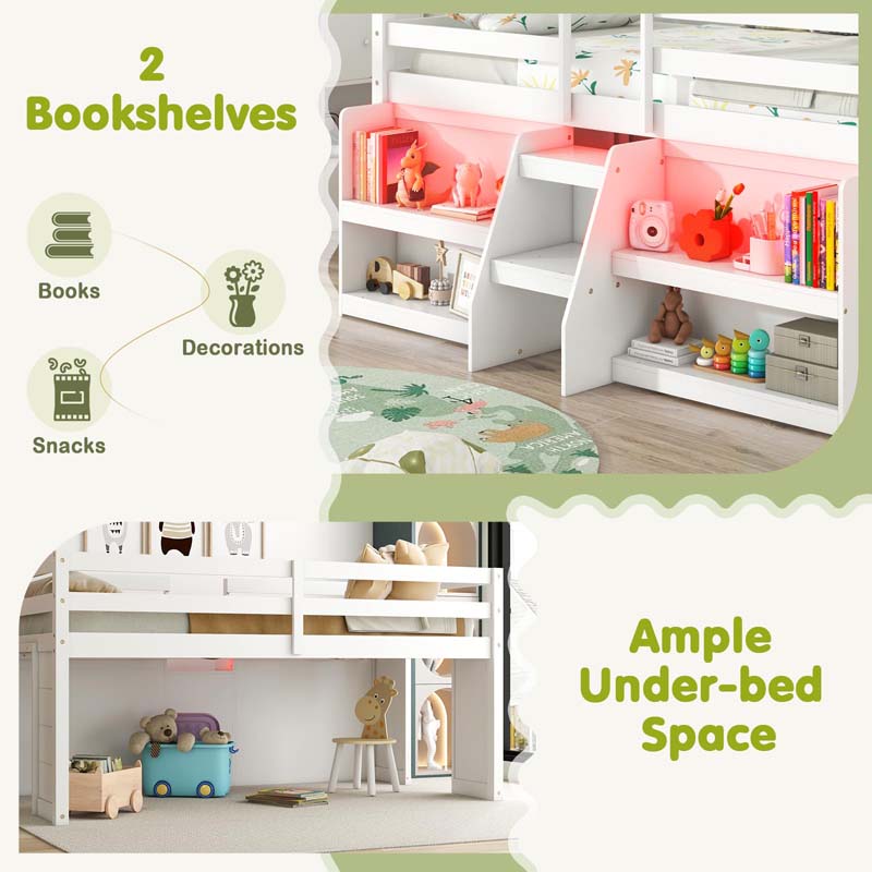 Low Loft Bed with LED Lights & Storage Bookcase, Kids Twin Size Loft Bed with Stairs, Safety Guardrail & Under-Bed Play Space