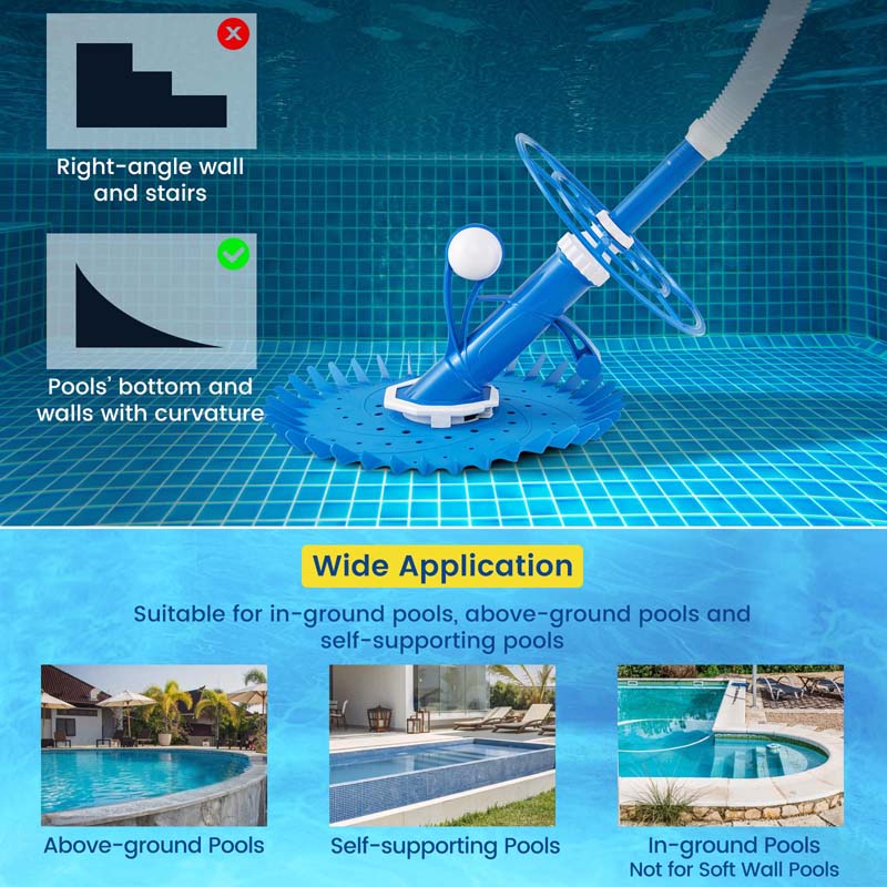 Upgraded Automatic Pool Cleaner, Vacuum Suction Side Pool Sweeper with 10FT Extension Hoses & 36-Fin Disc for Pools, Floors & Walls