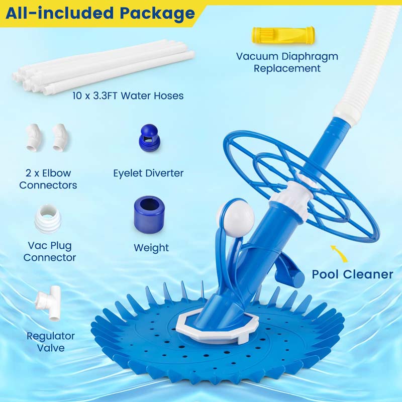 Upgraded Automatic Pool Cleaner, Vacuum Suction Side Pool Sweeper with 10FT Extension Hoses & 36-Fin Disc for Pools, Floors & Walls