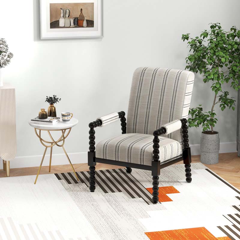 Mid-Century Modern Spindle Accent Chair for Living Room, Upholstered Armchair Single Sofa Chair with Rubber Wood Frame
