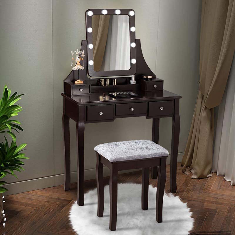 5-Drawer Vanity Table Set with 10 LED Dimmable Bulbs, Bedroom Makeup Dressing Table with Cushioned Stool