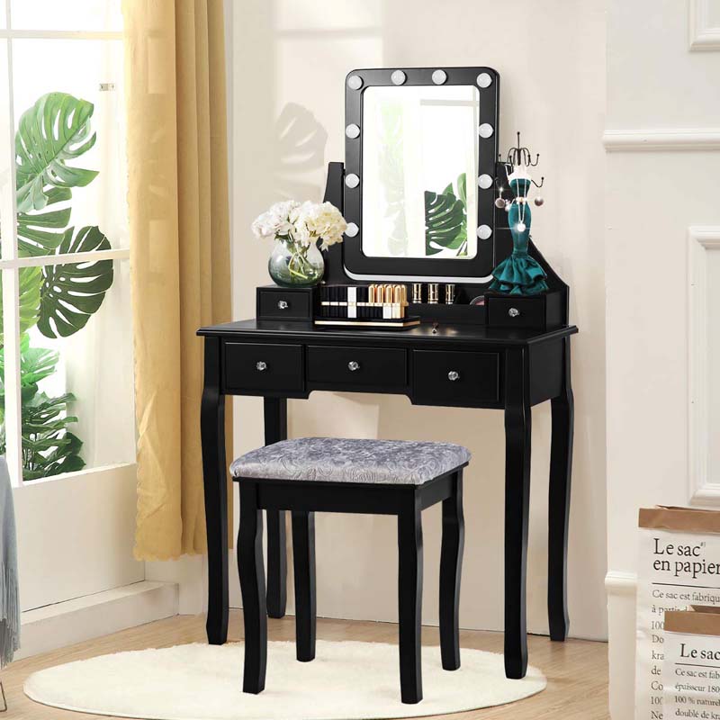 5-Drawer Vanity Table Set with 10 LED Dimmable Bulbs, Bedroom Makeup Dressing Table with Cushioned Stool