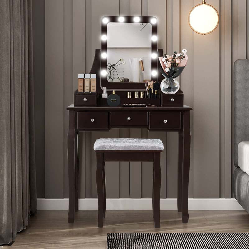 5-Drawer Vanity Table Set with 10 LED Dimmable Bulbs, Bedroom Makeup Dressing Table with Cushioned Stool