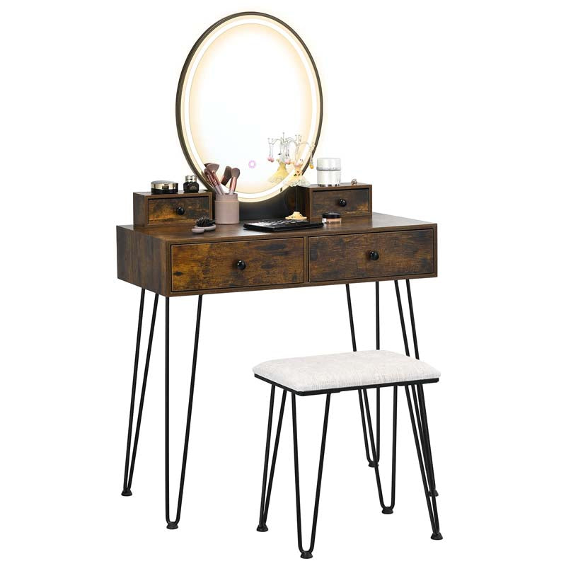 Modern Vanity Table Set w/3-Color Lighted Mirror & 4 Drawers, Bedroom Dressing Table Makeup Vanity Desk with Cushioned Stool