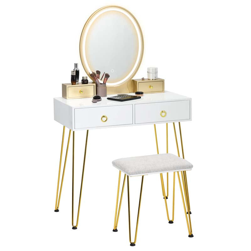 Modern Vanity Table Set w/3-Color Lighted Mirror & 4 Drawers, Bedroom Dressing Table Makeup Vanity Desk with Cushioned Stool