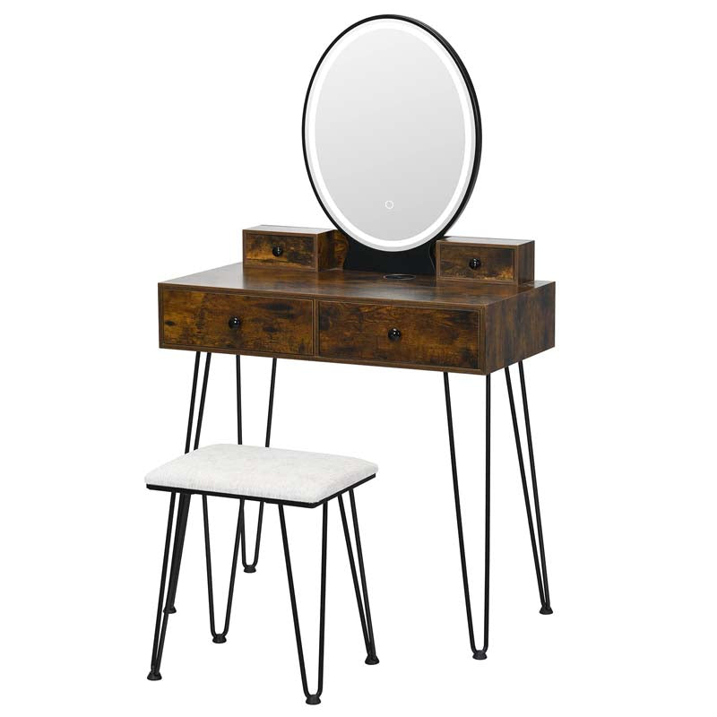 Modern Vanity Table Set w/3-Color Lighted Mirror & 4 Drawers, Bedroom Dressing Table Makeup Vanity Desk with Cushioned Stool