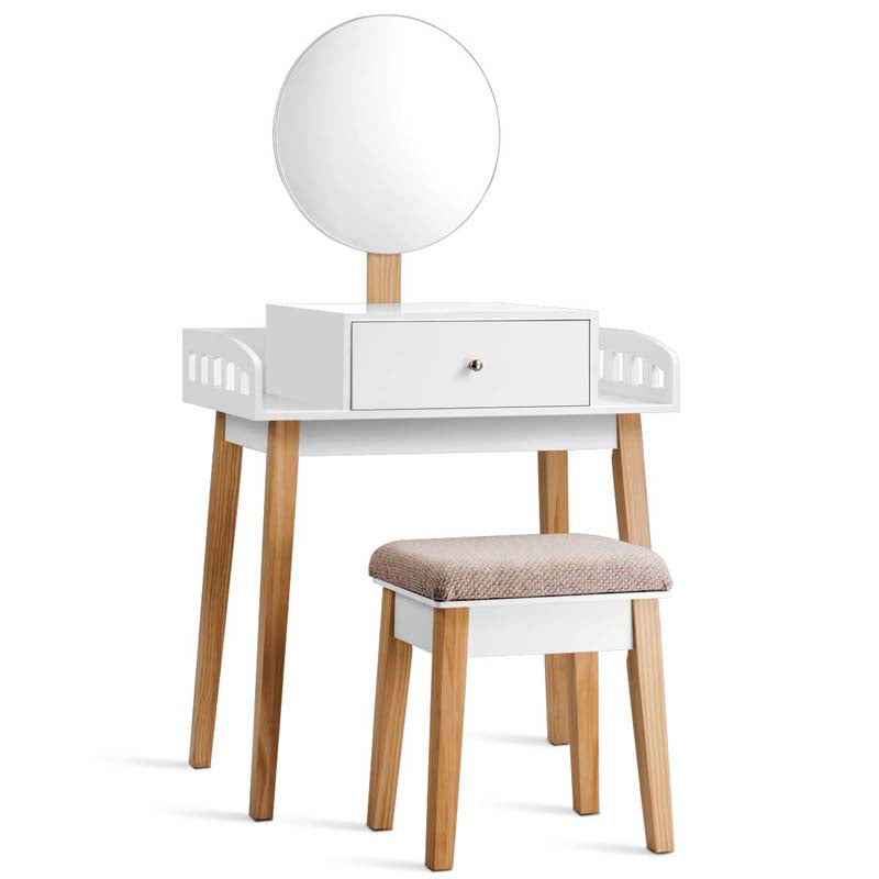 Vanity Table Set with Height Adjustable Round Mirror, Makeup Mirrored Dressing Table with Cushioned Stool, Side Storage