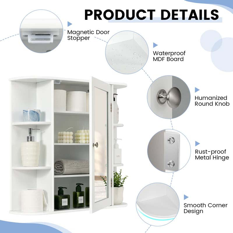 Mirrored Bathroom Storage Cabinet Wall Mounted Hanging Medicine Cabinet Over Toilet with Single Door, 3 Adjustable Shelves