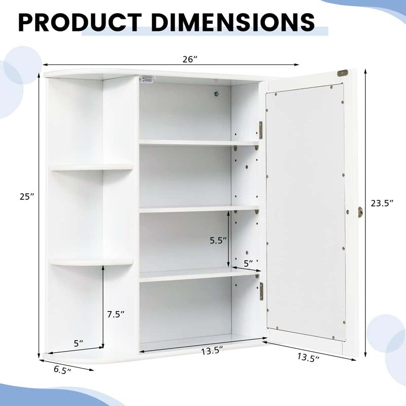 Mirrored Bathroom Storage Cabinet Wall Mounted Hanging Medicine Cabinet Over Toilet with Single Door, 3 Adjustable Shelves