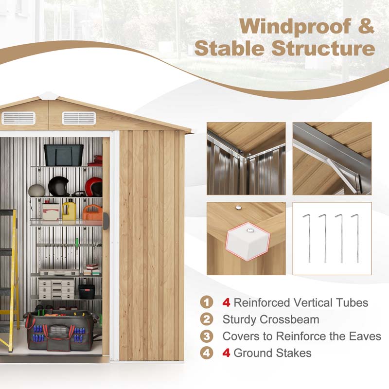 8' x 6' Woodgrain Metal Storage Shed Outdoor Waterproof Garden Shed Tool House Organizer w/Base Floor, 4 Vents, Lockable Doors