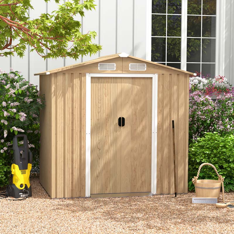 8' x 6' Woodgrain Metal Storage Shed Outdoor Waterproof Garden Shed Tool House Organizer w/Base Floor, 4 Vents, Lockable Doors