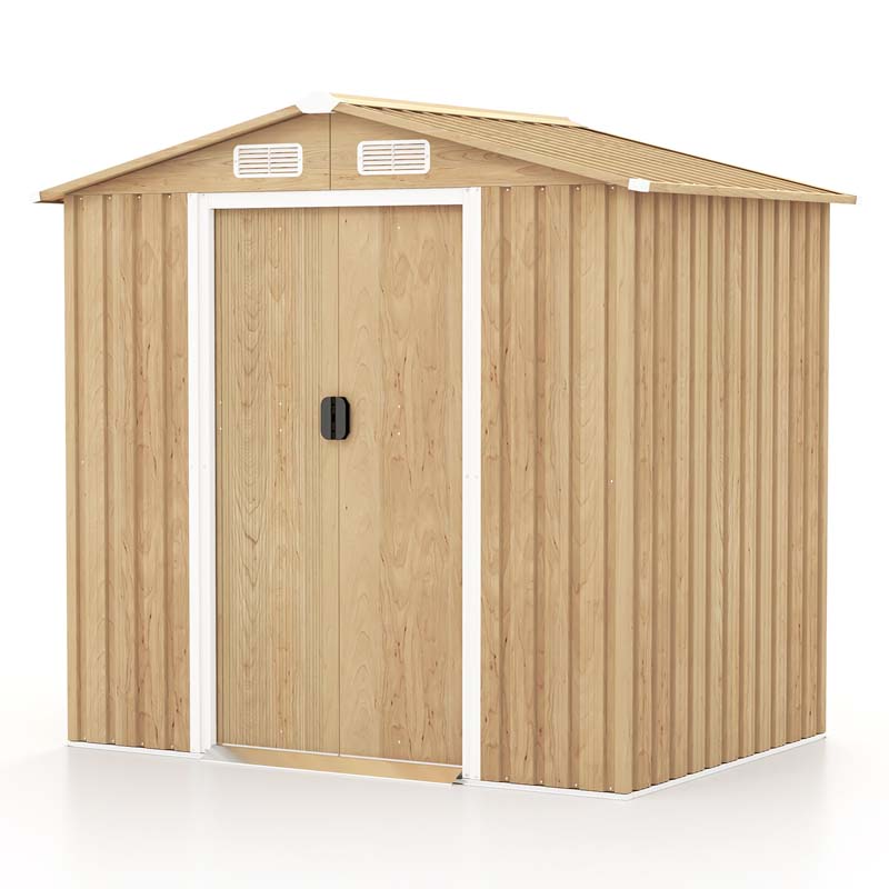 8' x 6' Woodgrain Metal Storage Shed Outdoor Waterproof Garden Shed Tool House Organizer w/Base Floor, 4 Vents, Lockable Doors